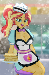 Size: 4944x7548 | Tagged: safe, artist:emeraldblast63, sunset shimmer, human, equestria girls, g4, bowtie, breasts, busty sunset shimmer, cleavage, food, looking at you, open mouth, open smile, pancakes, sexy, sitting, smiling, smiling at you, sparkles, stupid sexy sunset shimmer, waitress