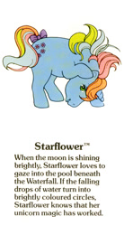 Size: 550x1000 | Tagged: safe, starflower, pony, unicorn, g1, my little pony fact file, official, adoraflower, bow, closed mouth, cute, female, g1 backstory, horn, mare, rainbow ponies, smiling, solo, tail, tail bow, text