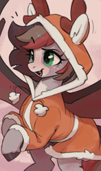 Size: 2345x4000 | Tagged: safe, artist:nookprint, oc, oc only, oc:news flash, bat pony, deer, pony, reindeer, christmas, clothes, cute, fangs, female, festive, holiday, hoodie, mare, seasonal, smiling, solo