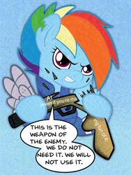 Size: 2030x2696 | Tagged: safe, artist:amynewblue, rainbow dash, pegasus, pony, g4, my little pony: friendship is magic, the cutie re-mark, adversarial noise, alternate timeline, angry, anti-ai, bad future, crystal war timeline, female, gun, mare, meme, reference, simple background, solo, speech bubble, weapon, wings