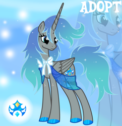 Size: 1280x1321 | Tagged: safe, artist:vi45, oc, oc only, alicorn, pony, adoptable, alicorn oc, base used, blue eyes, blue hooves, colored hooves, concave belly, ethereal mane, eyelashes, female, female oc, folded wings, freckles, gradient background, gradient mane, gradient tail, gray coat, hooves, horn, leg freckles, long horn, mare, mare oc, neck bow, sash, shiny hooves, silk, slender, smiling, solo, sparkles, sparkly mane, sparkly tail, starry mane, starry tail, tail, thin, three quarter view, turned head, unicorn horn, white bow, wings, zoom layer