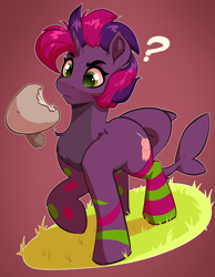 Size: 2320x2992 | Tagged: safe, artist:witchtaunter, pony, unicorn, commission, confused, female, grass, horn, mushroom, not tempest shadow, simple background