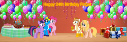 Size: 1500x500 | Tagged: safe, artist:lizzmcclin, pinkie pie, twilight sparkle, oc, oc:allie, oc:fidget, oc:shield wing, alicorn, earth pony, pony, g4, alicorn oc, balloon, bipedal, birthday, birthday cake, birthday gift, cake, cupcake, female, food, hat, horn, male, party hat, twilight sparkle (alicorn), wings