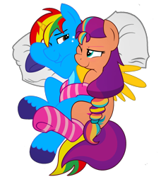 Size: 1280x1405 | Tagged: safe, artist:shieldwingarmorofgod, sunny starscout, oc, oc:shield wing, alicorn, earth pony, g4, g5, clothes, female, g5 to g4, generation leap, male, mane stripe sunny, pillow, simple background, snuggling, socks, transparent background, vector