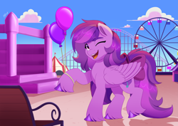 Size: 4961x3508 | Tagged: safe, artist:haruh_ink, oc, oc:emilia starsong, pegasus, pony, g5, balloon, blue sky, bouncy castle, bow, carnival, cloud, cute, female, ferris wheel, happy, looking at you, mare, ocbetes, one eye closed, open mouth, open smile, outdoors, raised hoof, raised leg, roller coaster, smiling, solo, standing on two hooves, tail, tail bow, unshorn fetlocks, wink