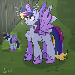 Size: 2000x2000 | Tagged: safe, artist:eni_paint, derpy hooves, twilight sparkle, pegasus, pony, g4, my little pony: friendship is magic, scare master, alicorn costume, clothes, cosplay, costume, cute, emanata, fake horn, fake wings, fanart, nightmare night costume, outdoors, question mark, screencap reference, toilet paper roll horn, twilight muffins, twilight sparkle costume, wig