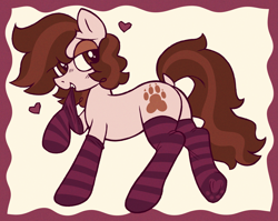 Size: 3877x3089 | Tagged: safe, artist:catponything, oc, oc only, oc:pounce, earth pony, pony, androgynous, bedroom eyes, butt, clothes, dock, earth pony oc, female, lidded eyes, mare, nonbinary, nonbinary oc, paw socks, plot, ponysona, socks, striped socks, tail