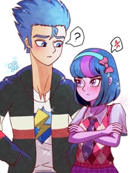 Size: 768x1024 | Tagged: safe, artist:paracetamolnavo30, flash sentry, twilight sparkle, human, equestria girls, g4, age difference, alternate hairstyle, blushing, clothes, cross-popping veins, crossed arms, emanata, female, headband, height difference, male, necktie, pictogram, question mark, ship:flashlight, shipping, short hair, simple background, speech bubble, straight, sweater vest, white background