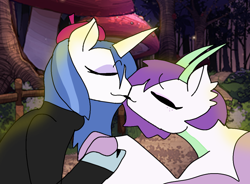 Size: 1042x767 | Tagged: safe, artist:yoitzluna, oc, oc:fleur de cirey, oc:vanity, dracony, hybrid, pony, unicorn, duo, duo female, eyes closed, female, holding hooves, horn, interspecies offspring, kiss on the lips, kissing, lesbian, oc x oc, offspring, offspring shipping, outdoors, parent:fancypants, parent:fleur-de-lis, parent:rarity, parent:spike, parents:fancyfleur, parents:sparity, shipping