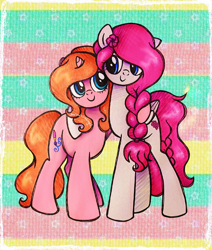 Size: 2170x2560 | Tagged: safe, artist:dariarchangel, oc, oc only, oc:dazha, oc:phloxie, pegasus, pony, unicorn, g4, adorable face, besties, big eyes, blue eyes, braid, c:, cute, cute face, cute smile, duo, duo female, female, female oc, flower, flower in hair, folded wings, friends, friendship, height difference, horn, hug, long hair, long mane, long tail, looking at each other, looking at someone, mare oc, ocbetes, orange hair, orange mane, orange tail, patterned background, pegasus oc, physique difference, pink coat, pink hair, pink mane, pink tail, pony oc, pretty, size difference, small horn, smiling, standing, standing on three hooves, tail, traditional art, unicorn oc, wholesome, wings