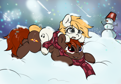 Size: 2360x1640 | Tagged: safe, artist:kristina, oc, earth pony, pegasus, pony, clothes, commission, commission open, cuddling, duo, lying down, outdoors, prone, scarf, snow, snowman, winter, ych example, ych result