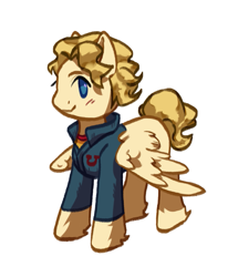 Size: 731x849 | Tagged: safe, artist:ju4111a, pegasus, clothes, curly (mouthwashing), curly hair, hoof fluff, looking at you, mouthwashing (game), pegasus wings, simple background, smiling, smiling at you, solo, standing, wings