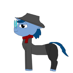 Size: 3000x3000 | Tagged: safe, artist:blazewing, oc, oc only, oc:syntax, unicorn, clothes, drawpile, fedora, glasses, hat, horn, jacket, male, pants, scarf, simple background, smiling, stallion