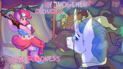 Size: 1280x720 | Tagged: safe, artist:lemuryjka, fancypants, pinkie pie, earth pony, pony, unicorn, bow (instrument), clothes, dexterous hooves, dress, duo focus, female, gala dress, grin, hoof hold, horn, magnetic hooves, male, mare, musical instrument, pinkiepants, shipping, smiling, stallion, straight, violin, violin bow