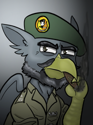 Size: 624x840 | Tagged: safe, artist:notoriousnostalgia, oc, oc only, oc:theodor mistfeather, griffon, equestria at war mod, beak, beard, bust, cigarette, clothes, digital art, facial hair, folded wings, gradient background, griffon oc, hat, looking at camera, looking at you, male, military, military uniform, moustache, new characters for equestria at war, new characters for equestria at war mod, portrait, serious, serious face, shirt, simple background, smoking, solo, uniform, wings