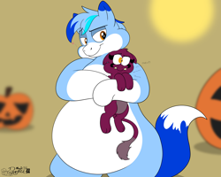 Size: 4000x3200 | Tagged: safe, artist:rupert, the sphinx, oc, oc:rupert the blue fox, fox, fox pony, hybrid, pony, sphinx, series:12 months of sphinxy, g4, belly, big belly, bipedal, chubby, cute, duo, duo male and female, egyptian, egyptian headdress, exclamation point, eyeshadow, fat, featureless crotch, female, folded wings, frown, heart, hug, huge belly, lidded eyes, makeup, male, meow, mismatched eyes, missing accessory, ocbetes, pale belly, pumpkin, question mark, size difference, size swap, smiling, sphinxdorable, squeeze, squishy, stallion, tail, teeth, three toned mane, two toned tail, white belly, wings