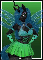 Size: 1024x1449 | Tagged: safe, artist:rekheadz, queen chrysalis, changeling, changeling queen, anthro, g4, bedroom eyes, breasts, busty queen chrysalis, cleavage, clothes, deviantart watermark, female, freckles, gradient background, hair over one eye, hand on hip, obtrusive watermark, skirt, smiling, solo, watermark