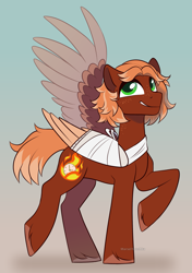 Size: 2039x2894 | Tagged: safe, artist:marsel1nushka, oc, oc only, oc:golden flare, pegasus, pony, bandage, bandaged wing, pegasus oc, solo, wings