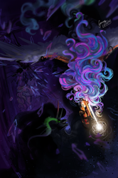 Size: 1725x2594 | Tagged: safe, artist:sorninay, king sombra, princess celestia, alicorn, pony, unicorn, g4, horn