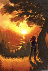 Size: 1725x2541 | Tagged: safe, artist:ramiras, sunset shimmer, human, fanfic:long road to friendship, equestria girls, g4, cropped, facing away, fanfic art, female, high res, outdoors, scenery, signature, solo, sunset, tree, windswept hair