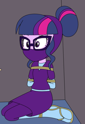 Size: 1003x1464 | Tagged: safe, artist:author92, sci-twi, twilight sparkle, human, equestria girls, g4, bondage, bound and gagged, female, gag, glasses, hair bun, ninja, rope, rope bondage, solo, tied up