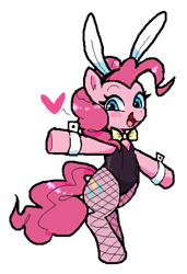 Size: 724x1060 | Tagged: safe, artist:deerie, pinkie pie, earth pony, pony, g4, bipedal, bow, bunny ears, bunny suit, clothes, female, fishnet clothing, fishnet stockings, looking at you, mare, ms paint, open mouth, open smile, pixel-crisp art, simple background, smiling, smiling at you, solo, standing on two hooves, stockings, thigh highs