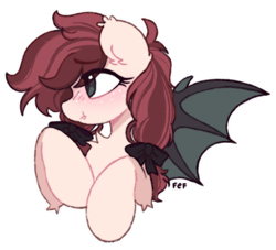 Size: 606x551 | Tagged: safe, artist:flixanoa, derpibooru exclusive, oc, oc only, oc:maple tart, bat pony, pony, bat pony oc, black bow, black sclera, blush lines, blushing, bow, chest fluff, claws, colored wings, cream coat, ear fluff, ear tufts, eye clipping through hair, eyebrows, eyebrows visible through hair, eyelashes, fangs, female, female oc, freckles, frown, hair bow, hairband, hock fluff, mare, mare oc, outline, pigtails, pink coat, pouting, profile, red mane, signature, solo, spread wings, tied mane, two toned mane, two toned wings, wing claws, wings