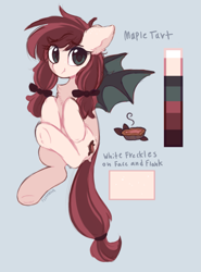 Size: 939x1268 | Tagged: safe, artist:flixanoa, derpibooru exclusive, oc, oc only, oc:maple tart, bat pony, pony, bat pony oc, black bow, black sclera, blue background, bow, chest fluff, claws, color palette, colored wings, cream coat, ear fluff, eye clipping through hair, eyebrows, eyebrows visible through hair, eyelashes, fangs, female, flying, freckles, hair bow, light blue background, looking at you, mare, pigtails, pink coat, red mane, red tail, reference sheet, signature, simple background, smiling, smiling at you, solo, spread wings, tail, tail tie, three quarter view, tied mane, tied tail, two toned mane, two toned tail, two toned wings, underhoof, wing claws, wings