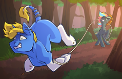 Size: 1785x1155 | Tagged: safe, artist:bagelbytes, oc, oc only, oc:flashnote, oc:hazel halfhock, earth pony, pony, unicorn, blue skin, duo, forest, gritted teeth, horn, kidnapped, lasso, nature, outdoors, rope, teeth, tree