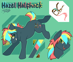 Size: 1366x1155 | Tagged: safe, artist:bagelbytes, oc, oc only, oc:hazel halfhock, earth pony, pony, abstract background, bronco buster, bucking, color palette, grin, hazel eyes, reference sheet, signature, smiling, three toned mane, three toned tail