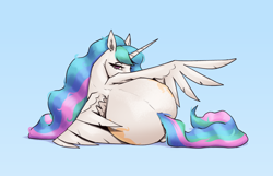 Size: 3100x2000 | Tagged: safe, artist:aquaticvibes, princess celestia, alicorn, pony, g4, blue background, both cutie marks, butt, butt focus, female, horn, large butt, lidded eyes, looking at you, looking back, looking back at you, lying down, mare, plot, praise the sun, simple background, solo, spine, spread wings, sunbutt, wings