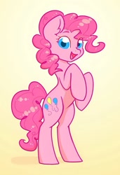 Size: 799x1167 | Tagged: artist needed, source needed, safe, pinkie pie, earth pony, pony, g4, belly, bipedal, cute, female, gradient background, looking at you, mare, open mouth, open smile, rearing, smiling, smiling at you