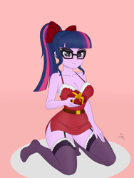 Size: 3072x4096 | Tagged: safe, artist:ticonderoka, sci-twi, twilight sparkle, human, equestria girls, g4, bow, breasts, busty sci-twi, busty twilight sparkle, christmas, christmas outfit, cleavage, clothes, costume, female, hair bow, high res, holiday, kneeling, present, santa costume, schrödinger's pantsu, sexy, sexy santa costume, smiling, socks, solo, thigh highs