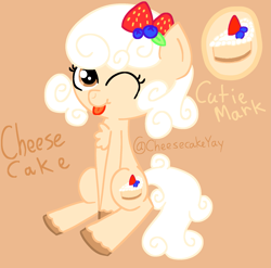 Size: 1893x1871 | Tagged: safe, artist:cheesecakeyay, oc, oc only, oc:cheesecake, earth pony, cake, cheesecake, food, one eye closed, sitting, tongue out, unshorn fetlocks, wink