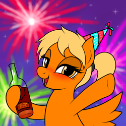 Size: 1500x1500 | Tagged: safe, artist:vomitvomiting, oc, oc:pumpkin spice schnapps, pegasus, pony, hat, holding a bottle, new year, solo