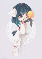 Size: 2865x4000 | Tagged: safe, artist:vanilla-chan, oc, oc only, earth pony, pony, abstract background, apple, bandage, candy apple, ear fluff, female, food, mare, mouth hold, solo