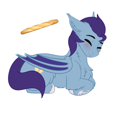 Size: 4500x4000 | Tagged: safe, artist:decemberbreeze, oc, oc only, oc:wax n' wane, bat pony, pony, baguette, bat pony oc, bread, commission, food, lying down, male, ponyloaf, prone, simple background, solo, stallion, transparent background, ych result