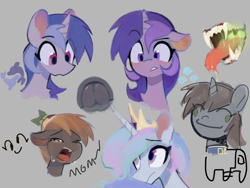 Size: 2048x1536 | Tagged: safe, artist:unclechai, amethyst star, button mash, princess celestia, sea swirl, seafoam, sparkler, oc, oc:littlepip, alicorn, earth pony, pony, unicorn, fallout equestria, g4, confused, crying, derp, drool, female, frog (hoof), gray background, hoofbutt, horn, implied cream heart, looking at something, male, mare, open mouth, owo, simple background, speedpaint, tongue out, underhoof