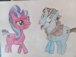 Size: 4096x3072 | Tagged: safe, artist:victoric1993, party favor, starlight glimmer, pony, unicorn, g4, my little pony: friendship is magic, the cutie map, colored pencil drawing, derp, equal cutie mark, exploitable meme, female, high res, horn, i didn't listen, image macro, male, mare, meme, scene interpretation, smiling, stallion, traditional art