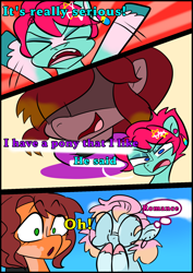 Size: 1240x1754 | Tagged: safe, artist:jully-park, oc, oc:charlie bucket, oc:charlotte parker, oc:eva marshall, oc:kelly clark, earth pony, pony, comic:how i meet my chaotic friends, blue eyes, comic, dot eyes, ear piercing, earring, female, frantic, glasses, green eyes, hidden eyes, hooves on mouth, jewelry, male, multicolored hair, multicolored mane, orange coat, piercing, pink hair, purple text, red hair, romance, speech bubble, teal coat, unshorn fetlocks, xd, yellow text