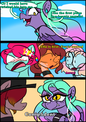 Size: 1240x1754 | Tagged: safe, artist:jully-park, oc, oc:charlie bucket, oc:charlotte parker, oc:ella evans, oc:eva marshall, oc:kelly clark, earth pony, pegasus, pony, comic:how i meet my chaotic friends, comic