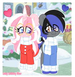 Size: 1946x2000 | Tagged: safe, artist:ladylullabystar, oc, oc only, oc:blue streak, oc:lady lullaby star, earth pony, pony, unicorn, clothes, female, glasses, heart, horn, male, mare, scarf, stallion