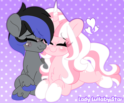 Size: 1782x1490 | Tagged: safe, artist:ladylullabystar, oc, oc only, oc:blue streak, oc:lady lullaby star, earth pony, pony, unicorn, female, heart, horn, lying down, male, mare, prone, stallion