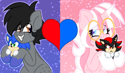 Size: 2279x1320 | Tagged: safe, artist:ladylullabystar, oc, oc only, oc:blue streak, oc:lady lullaby star, earth pony, pony, unicorn, female, glasses, heart, horn, male, mare, plushie, shadow the hedgehog, sonic the hedgehog, sonic the hedgehog (series), stallion