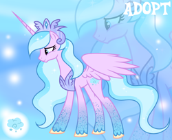 Size: 1280x1046 | Tagged: safe, artist:vi45, oc, oc only, alicorn, pony, adoptable, alicorn oc, base used, blue eyes, blue mane, blue tail, crown, ethereal mane, eyelashes, female, female oc, gradient background, gradient legs, horn, jewelry, leg markings, long horn, long mane, long tail, mare, mare oc, partially open wings, peytral, pink coat, profile, regalia, slender, smiling, solo, sparkles, sparkly mane, sparkly tail, speckled, standing, starry mane, starry tail, tail, thin, two toned mane, two toned tail, unicorn horn, unshorn fetlocks, wavy mane, wavy tail, wings, yellow hooves, zoom layer