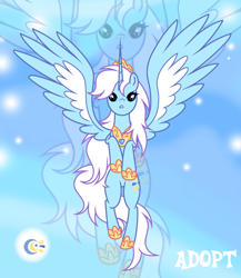 Size: 1280x1474 | Tagged: safe, artist:vi45, oc, oc only, alicorn, pony, adoptable, alicorn oc, base used, blue coat, blue eyes, colored wings, crown, eyelashes, facing you, female, female oc, flying, frown, gradient background, hoof shoes, horn, jewelry, mare, mare oc, peytral, princess shoes, regalia, solo, spiky mane, spiky tail, spread wings, tail, two toned wings, unicorn horn, white mane, white tail, wings, zoom layer