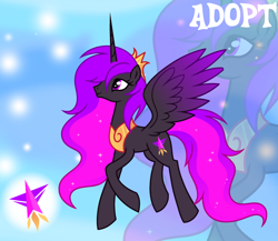 Size: 1280x1113 | Tagged: safe, artist:vi45, oc, oc only, alicorn, pony, adoptable, alicorn oc, base used, colored wings, colored wingtips, crown, ethereal mane, eyelashes, female, female oc, gradient background, gradient mane, gradient tail, gradient wings, gradient wingtips, horn, jewelry, long mane, long tail, mare, mare oc, peytral, pink mane, pink tail, profile, purple coat, purple eyes, purple wingtips, regalia, smiling, solo, sparkles, sparkly mane, sparkly tail, starry mane, starry tail, tail, two toned mane, two toned tail, two toned wings, unicorn horn, wavy mane, wavy tail, wings, zoom layer