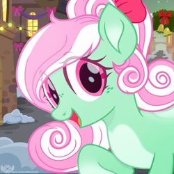 Size: 1780x1780 | Tagged: safe, artist:lovinglypromise, minty, earth pony, pony, g3, g4, alternate design, bell, bow, building, christmas wreath, cute, eye clipping through hair, female, g3 to g4, generation leap, looking at you, mare, mintabetes, open mouth, open smile, outdoors, raised hoof, signature, smiling, smiling at you, snow, solo, town, wreath