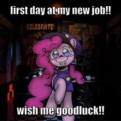 Size: 2048x2048 | Tagged: safe, artist:crasysam0, pinkie pie, earth pony, pony, g4, cap, clothes, female, five nights at freddy's, grin, hat, looking at you, mare, meme reference, raised hoof, smiling, solo, uniform, uniform hat