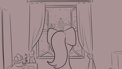 Size: 1920x1080 | Tagged: safe, artist:makaryo, posey bloom, earth pony, pony, g5, facing away, female, indoors, looking out the window, mare, monochrome, solo, window